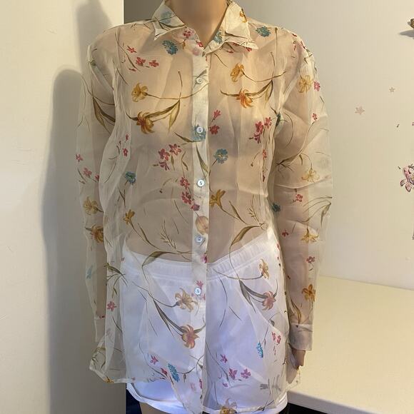VTG Richard Malcom 100% Silk Button Up Shirt Mesh Floral Blouse Luxury Preppy M - Picture 1 of 12